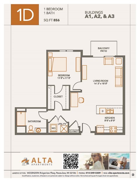 Floor plan for 1 bed, 1 bath, 873 sqft