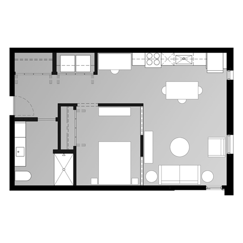Floor plan for 1 bed, 1 bath, 750 sqft