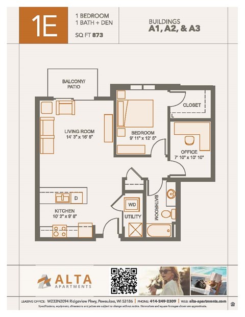 Floor plan for 1 bed, 1 bath, 873 sqft