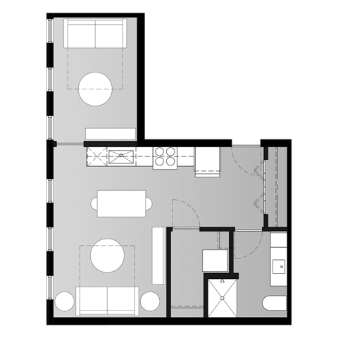 Floor plan for 1 bed, 1 bath, 625 sqft