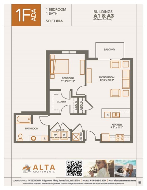 Floor plan for 1 bed, 1 bath, 856 sqft