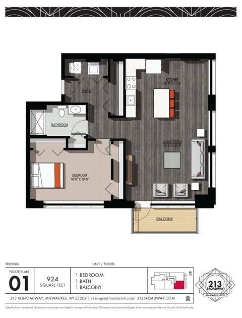 Floor plan for 1 bed, 1 bath, 924 sqft