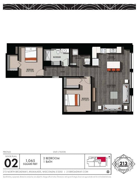 Floor plan for 2 beds, 1 bath, 1065 sqft