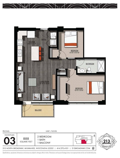 Floor plan for 2 beds, 1 bath, 888 sqft