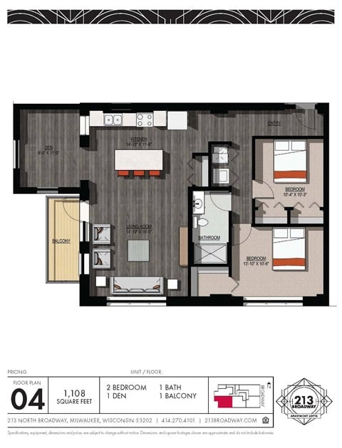 Floor plan for 2 beds, 1 bath, 1108 sqft