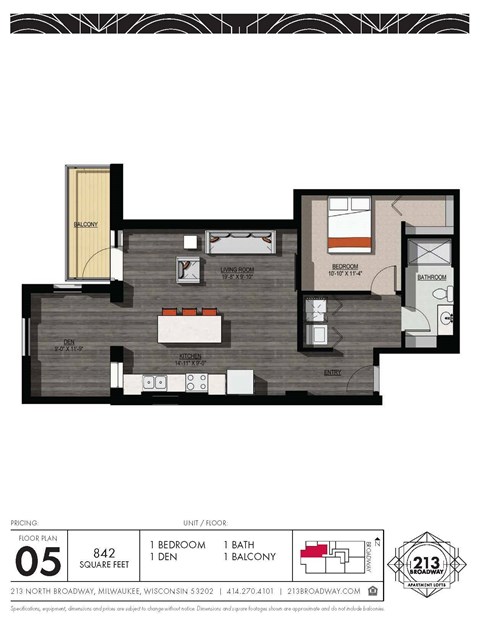 Floor plan for 1 bed, 1 bath, 842 sqft