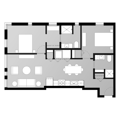 Floor plan for 2 beds, 2 baths, 1000 sqft