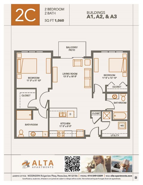 Floor plan for 2 beds, 2 baths, 1080 sqft
