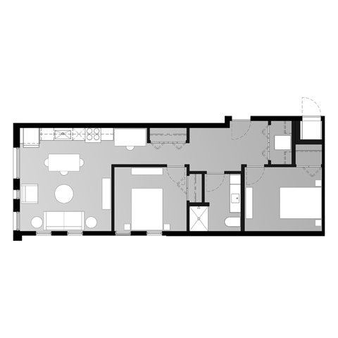 Floor plan for 2 beds, 2 baths, 925 sqft