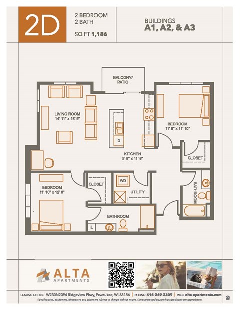Floor plan for 2 beds, 2 baths, 1186 sqft