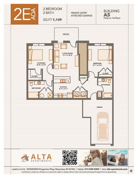 Floor plan for 2 beds, 2 baths, 1109 sqft