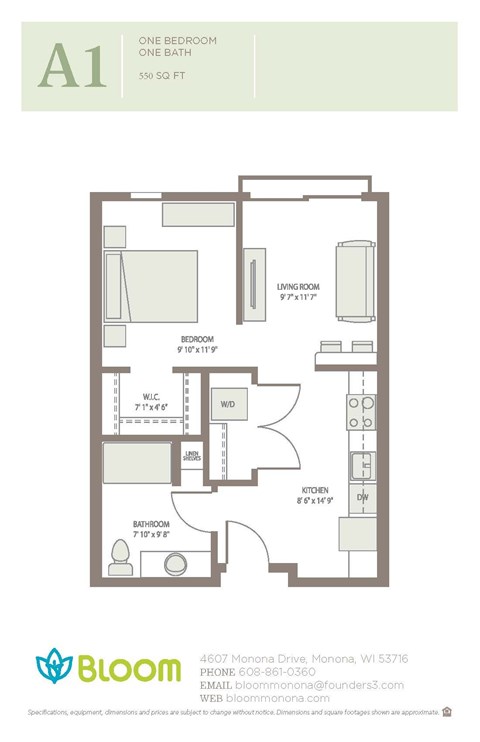 Floor plan for studio, 1 bath, 550 sqft