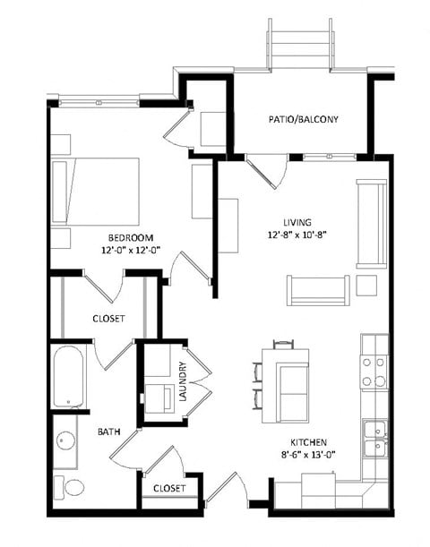 Floor plan for 1 bed, 1 bath, 775 sqft