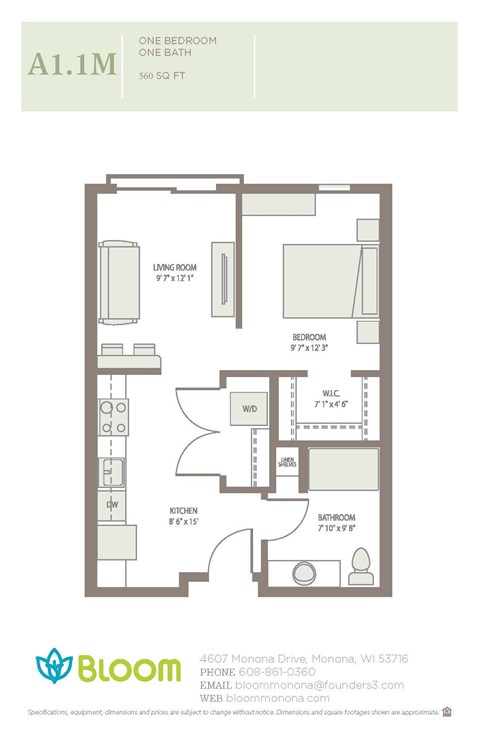 Floor plan for studio, 1 bath, 560 sqft