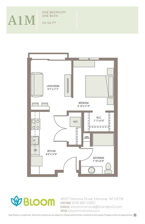 Floor plan for studio, 1 bath, 560 sqft