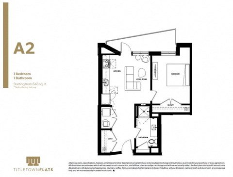 Floor plan for 1 bed, 1 bath, 667 sqft
