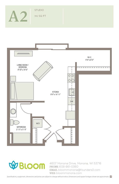 Floor plan for studio, 1 bath, 592 sqft