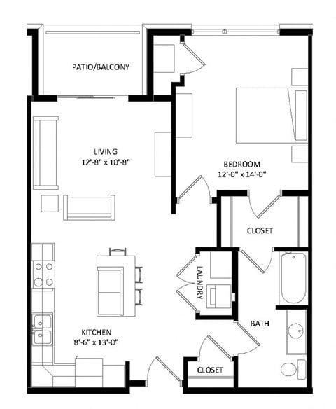 Floor plan for 1 bed, 1 bath, 795 sqft
