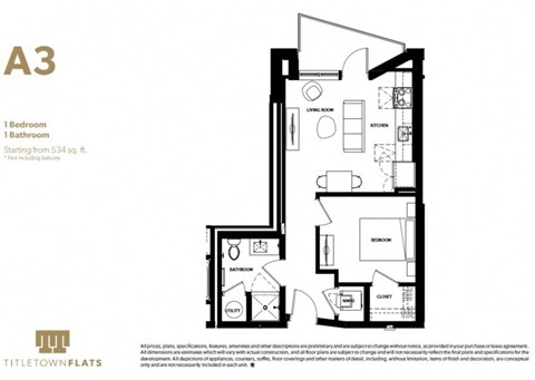 Floor plan for 1 bed, 1 bath, 534 sqft
