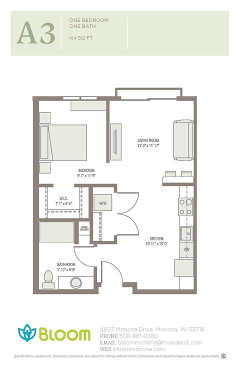 Floor plan for studio, 1 bath, 614 sqft