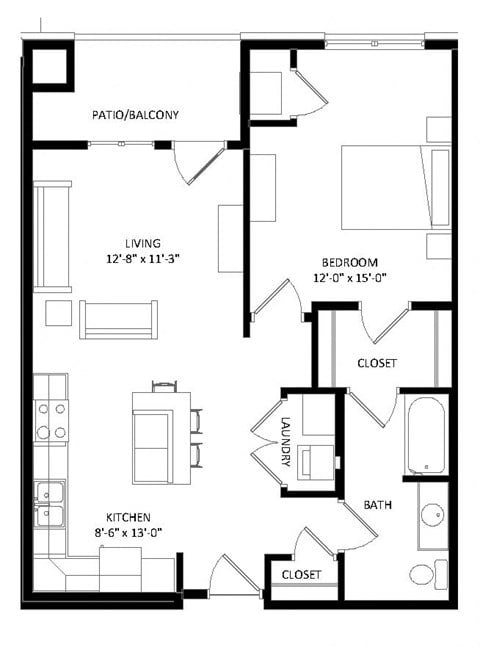 Floor plan for 1 bed, 1 bath, 795 sqft