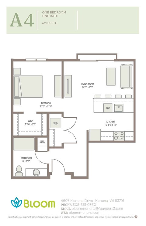 Floor plan for studio, 689 sqft