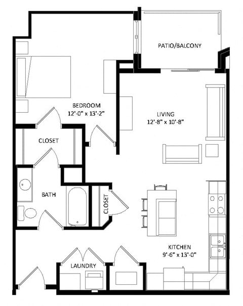 Floor plan for 1 bed, 1 bath, 800 sqft