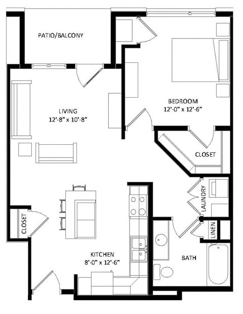 Floor plan for 1 bed, 1 bath, 773 sqft