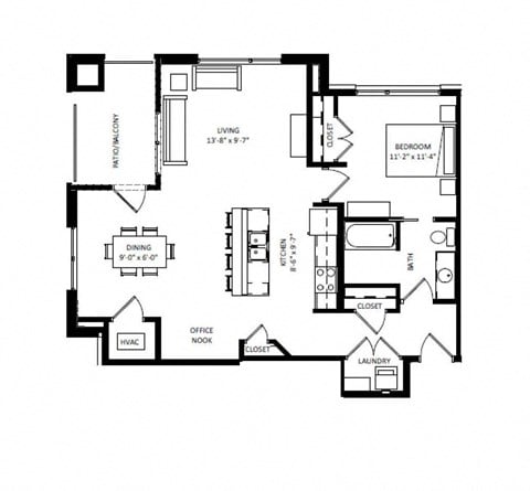 Floor plan for 1 bed, 1 bath, 921 sqft