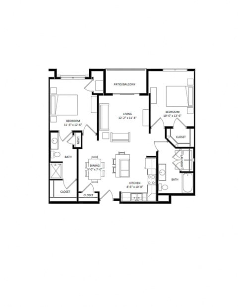 Floor plan for 2 beds, 2 baths, 1142 sqft