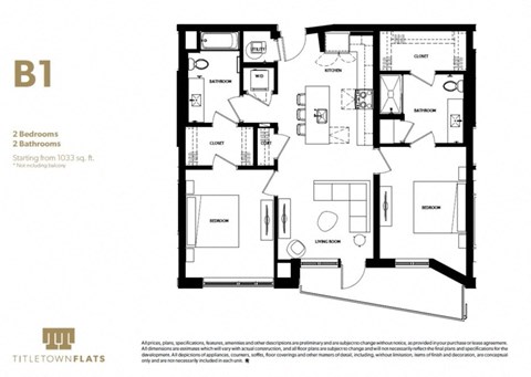 Floor plan for 2 beds, 2 baths, 1040 sqft