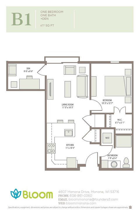 Floor plan for 1 bed, 1 bath, 677 sqft