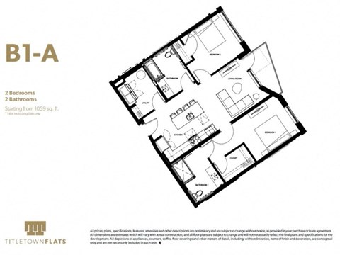 Floor plan for 2 beds, 2 baths, 1059 sqft