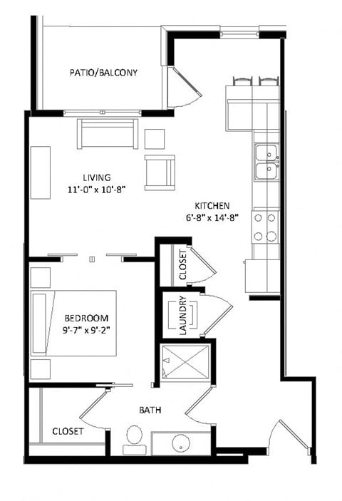Floor plan for studio, 1 bath, 615 sqft