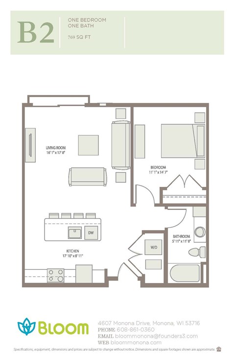 Floor plan for 1 bed, 1 bath, 769 sqft