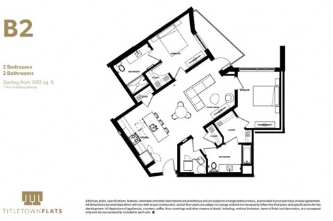 Floor plan for 2 beds, 2 baths, 1082 sqft