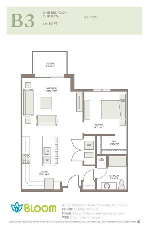 Floor plan for 1 bed, 1 bath, 846 sqft