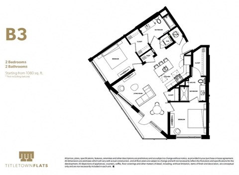 Floor plan for 2 beds, 2 baths, 1084 sqft