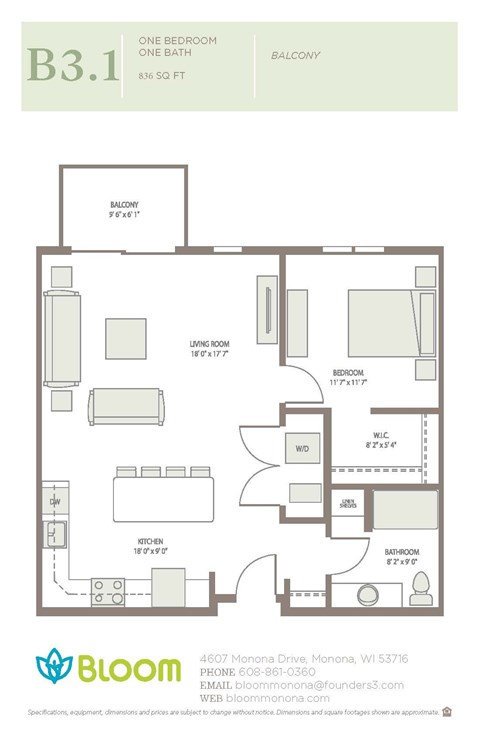 Floor plan for 1 bed, 1 bath, 836 sqft