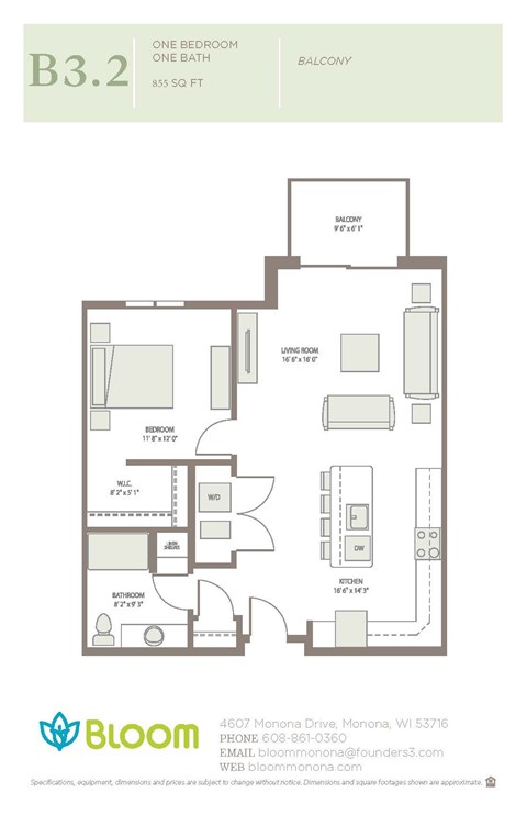 Floor plan for 1 bed, 1 bath, 855 sqft