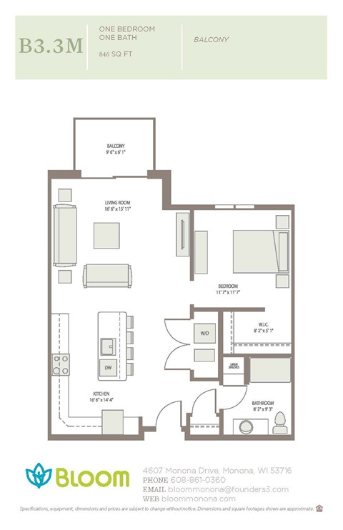 Floor plan for 1 bed, 1 bath, 846 sqft