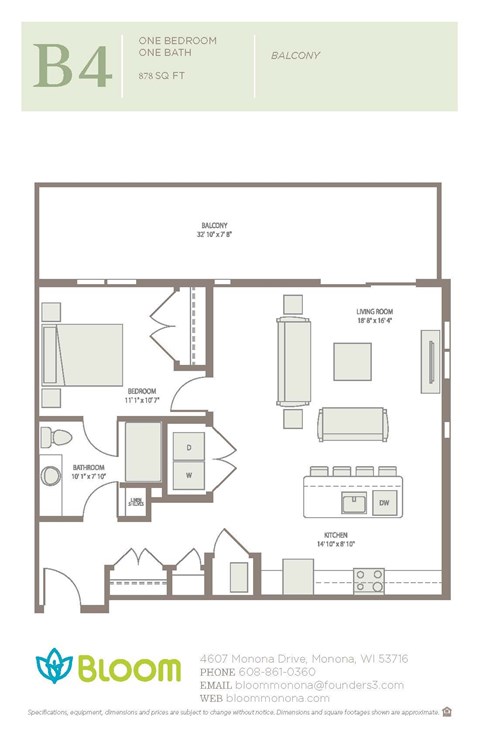 Floor plan for 1 bed, 1 bath, 878 sqft