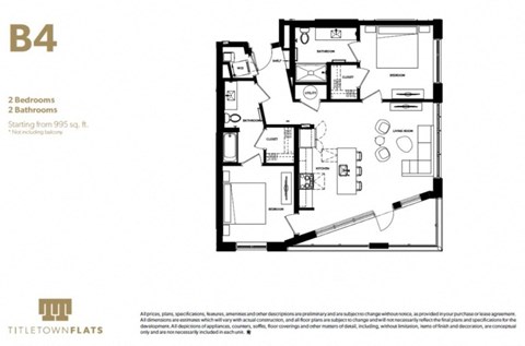 Floor plan for 2 beds, 2 baths, 995 sqft