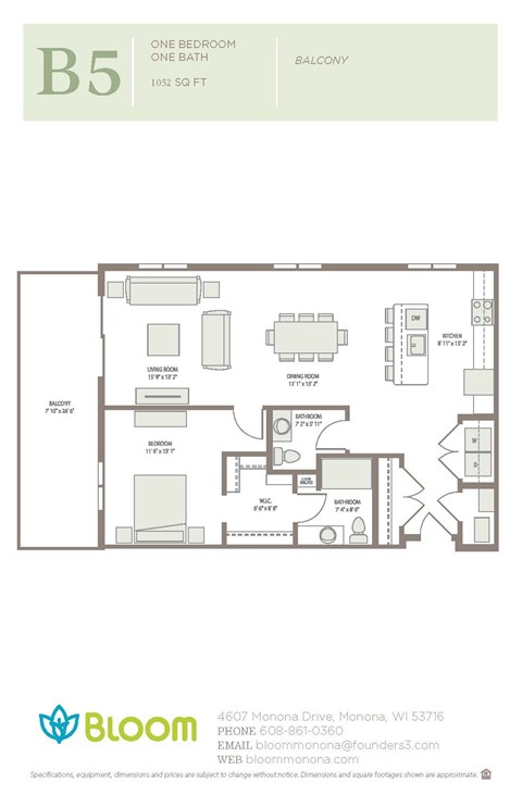 Floor plan for 1 bed, 1 bath, 1052 sqft