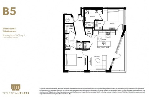 Floor plan for 2 beds, 2 baths, 1001 sqft