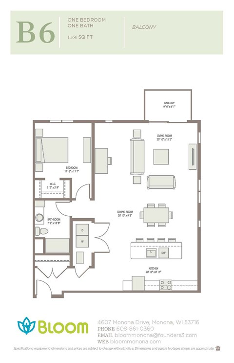 Floor plan for 1 bed, 1 bath, 1164 sqft