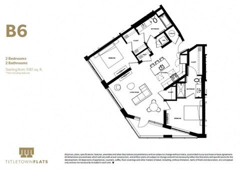 Floor plan for 2 beds, 2 baths, 1081 sqft