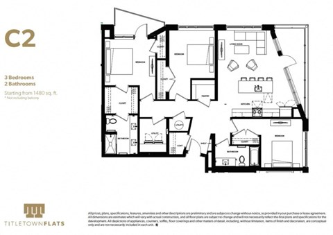 Floor plan for 3 beds, 2 baths, 1482 sqft