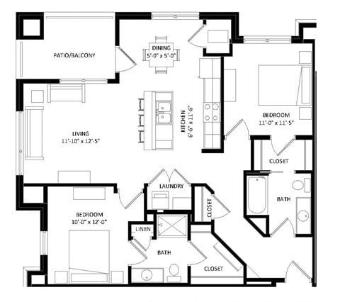 Floor plan for 2 beds, 2 baths, 1107 sqft