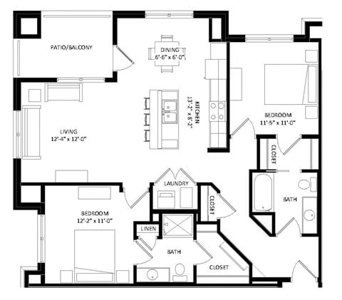 Floor plan for 2 beds, 2 baths, 1135 sqft
